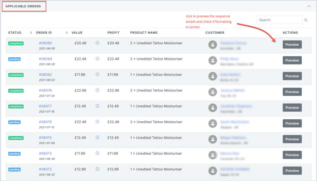 applicable orders and preview button